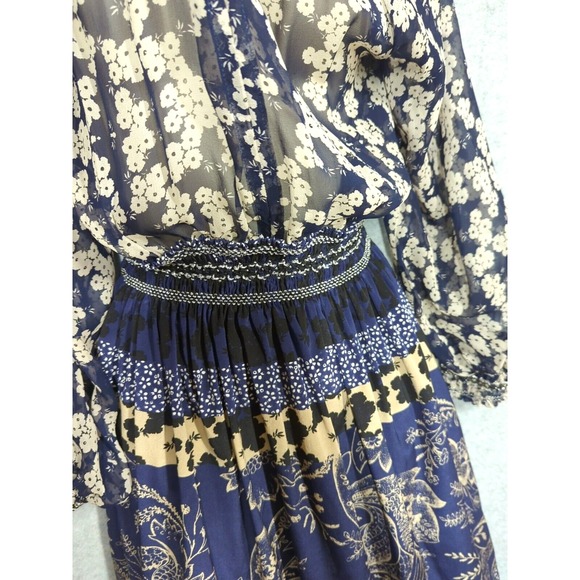 Gypsy 05 Silk Dress S Blue Paisley Bell Sleeve Smocked Waist Cuff Fairy Inspired - Picture 8 of 13